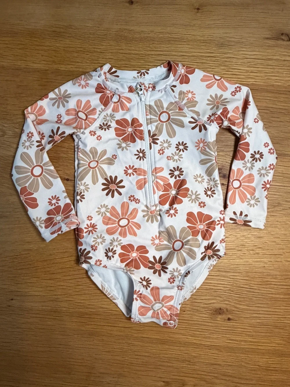 Girls Long-Sleeve Floral Swim One-Piece - White with Orange & Tan Flowers